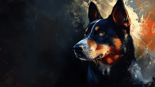 Loyal dog in glowing brushstrokes against moody night sky.