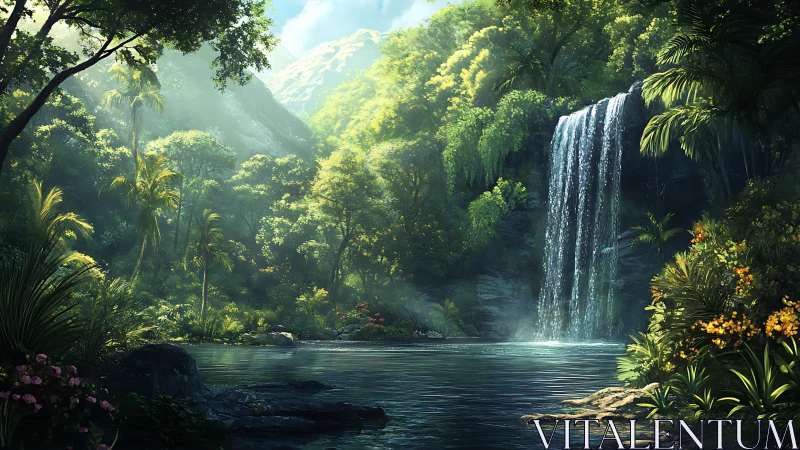 Lush tropical waterfall basin under dappled midday sunlight