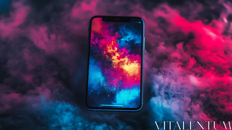 Vibrant smartphone glows with neon clouds of color and light