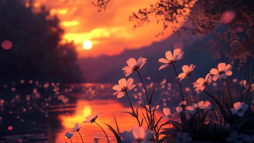 Backlit wildflowers silhouette a luminous orange river sunset