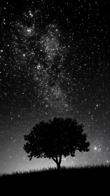 Quiet hillside tree rests beneath a wide shimmering night sky