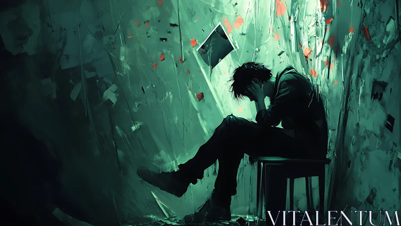 Solitary figure absorbs chaos in fractured emerald room.