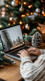Cozy hands type on laptop beside glowing Christmas tree.