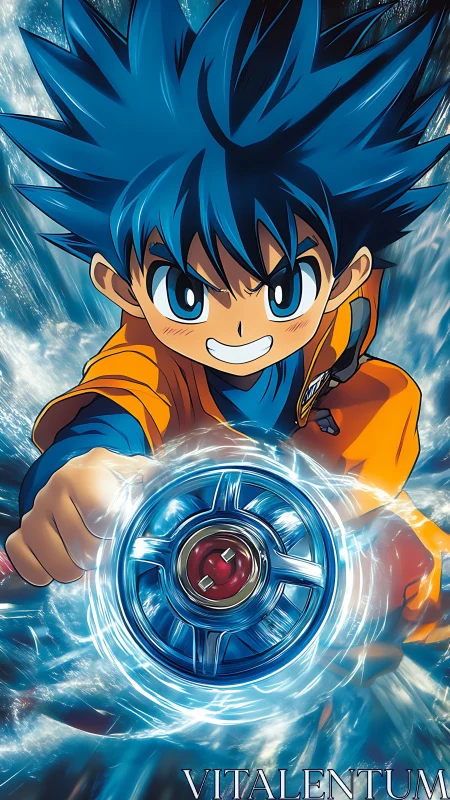 Spirited blue‑haired hero charging up a swirling spinner.