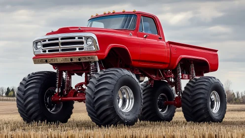 Towering red monster truck dominates a cloudy open field