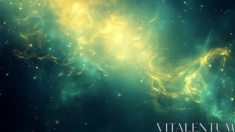 Nebular light surge in teal and gold digital spacefield.