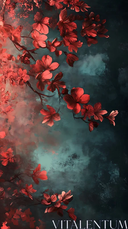 Crimson Blooms Dance Through Teal Twilight