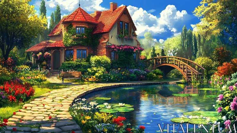Sunlit cottage garden hums beside a lily-dappled riverbend