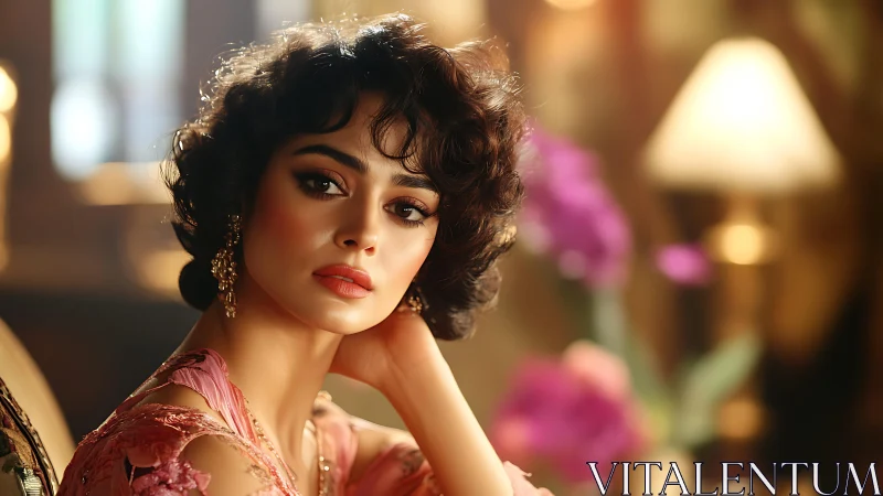 Vintage glam portrait in golden bokeh interior light.