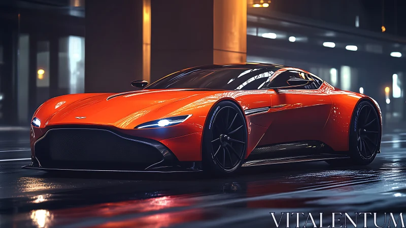 Orange supercar on wet city street under moody lights.