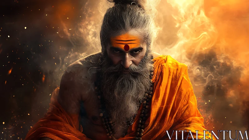 Fiery sage in intense meditation amid swirling embers.