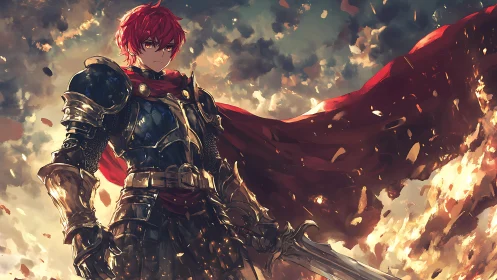 Stormlit ember knight with blazing scarlet battlecloak.