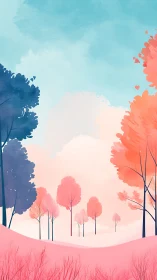 Pastel Landscape: Serene Valley with Chromatic Trees and Luminous Sky
