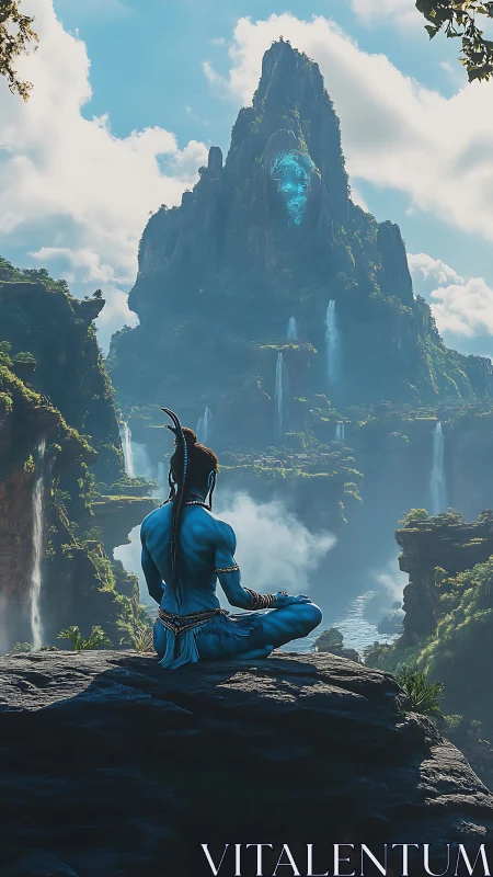 Blue wanderer meditates beneath the waking spirit mountain.