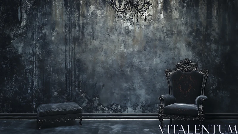 Ornate dark armchair and ottoman against weathered wall.