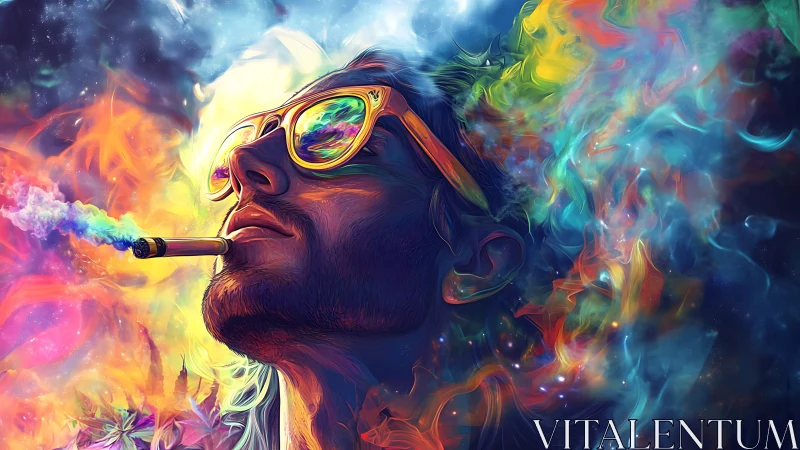 Color-drenched portrait shows smoker adrift in neon cosmos