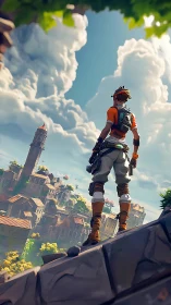 Young explorer overlooking a sunlit fantasy hillside town.