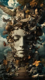 Composite stone face integrates architecture, foliage, and birds