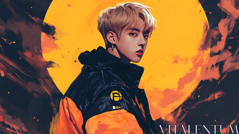 Youthful figure in orange jacket stands before blazing sun