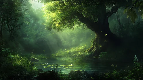 Luminous forest grotto with dappled light filtering through ancient canopy