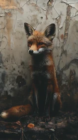 Streetwise fox pauses by a cracked concrete daydream wall.