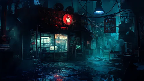 Cyberpunk alley workshop with neon skull signage at night.