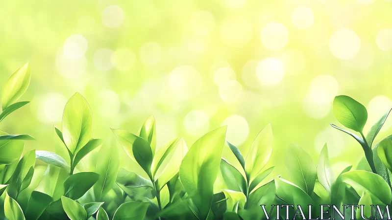 Fresh green leaves glow against soft bokeh light background