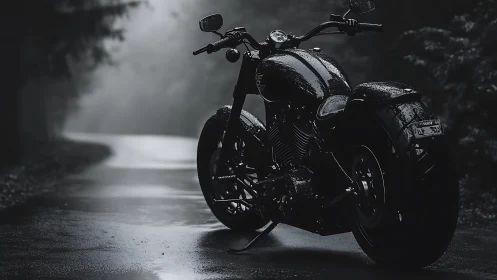 Midnight cruiser motorcycle on misty rain-soaked road.