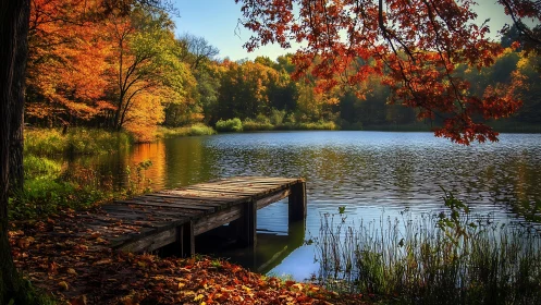 Old wooden pier beside calm autumn lake at golden hour.