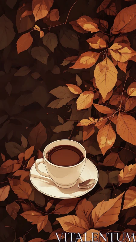 White coffee cup rests among layered autumn foliage