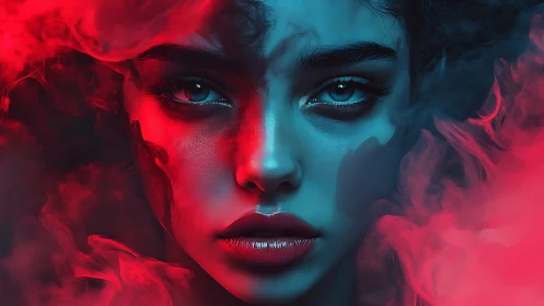 Enigmatic woman's face glows in moody red and cyan haze