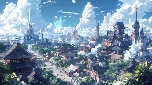 Futuristic neo‑Tokyo skyline blending temples and towers.