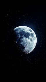 Detailed lunar hemisphere against sparse star background.