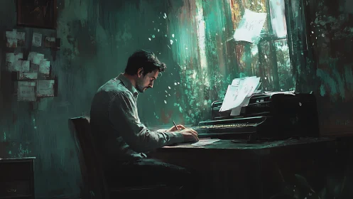 Moody composer sketching melodies in teal drenched solitude.
