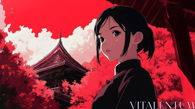 Analytical anime portrait before pagoda in saturated red field.