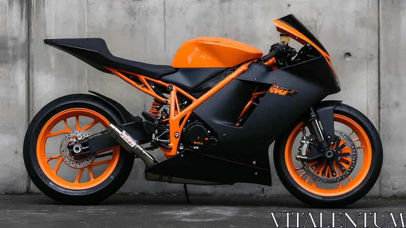 Electric orange street racer against raw concrete wall.