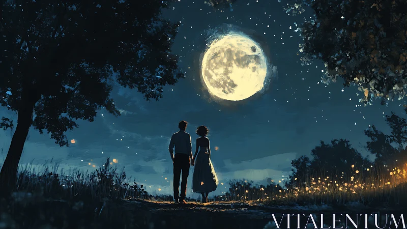 Couple Under Luminous Moon Night Sky