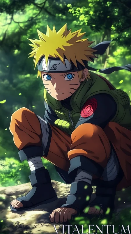 Blond ninja crouches in sunlit forest clearing wearing gear