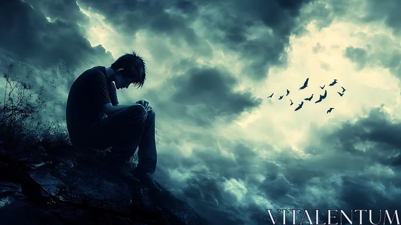 Solitary figure on cliff beneath stormlit, brooding sky.