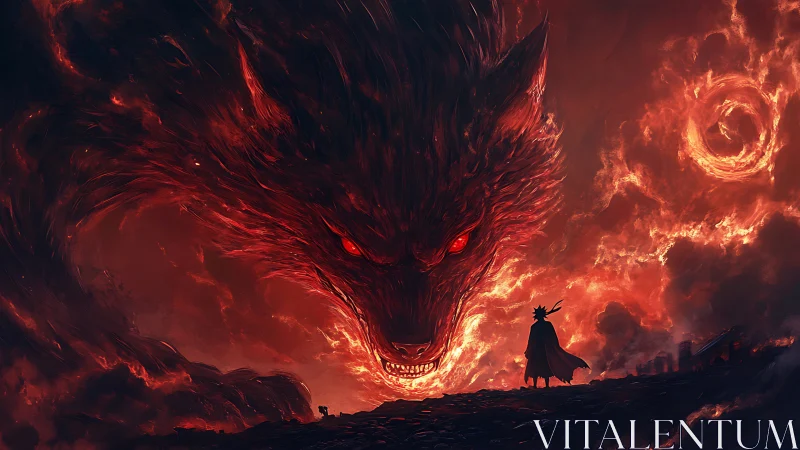 Infernal wolf spirit looms over lone warrior in burning sky.