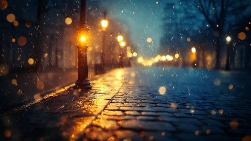 Rainlit cobblestones cradle a lone glowing streetlamp dream.