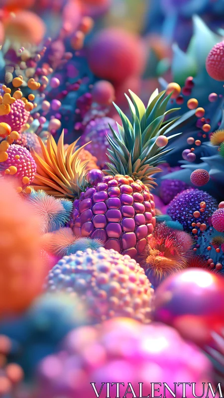 Hyperreal tropical fruit cluster with neon micro-textured forms