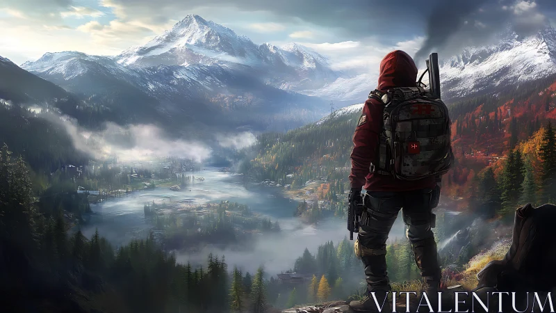 Lone wanderer weighs a frosted valley stitched with quiet lakes