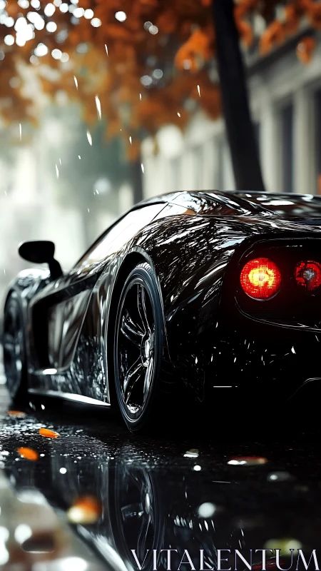 Sleek black supercar glowing softly on a rainy city street.