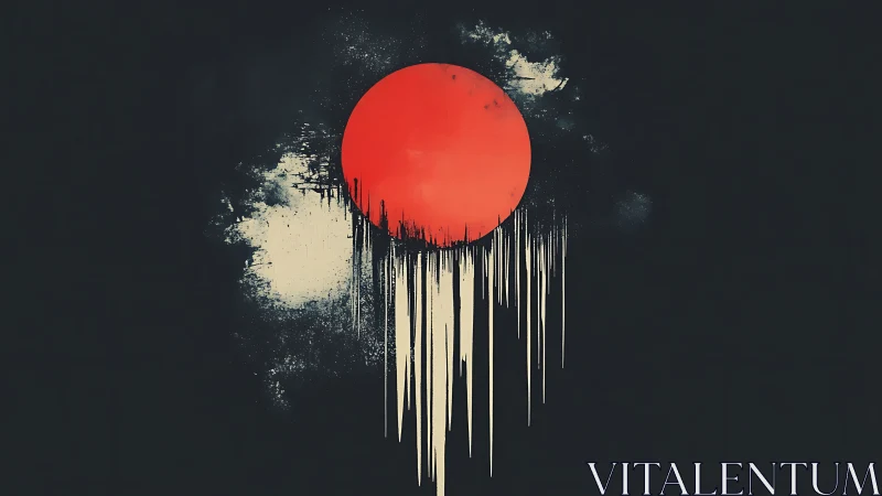 Red circular form drips downward over dark textured field