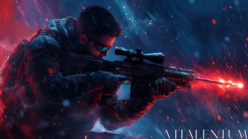Crimson Sniper: Neon Precision in the Storm.