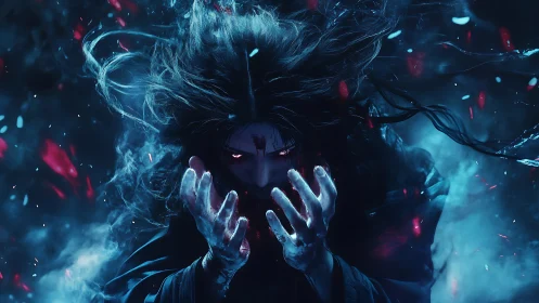 Dark sorcerer with glowing eyes and swirling blue magic.