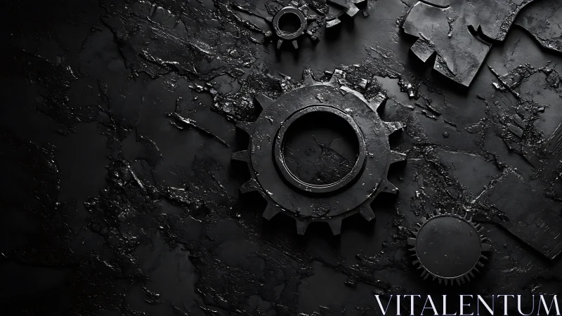 Industrial metal gears lie on cracked dark textured surface