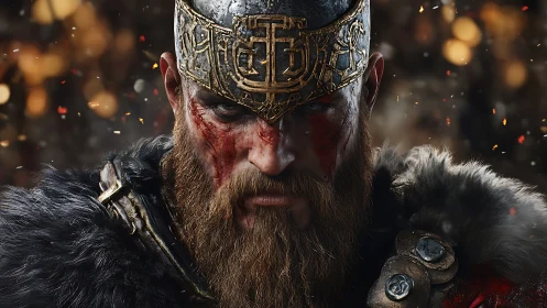 Battle-hardened Norse warlord in ornate metal crown.