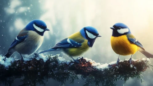 Three Colorful Songbirds on Snowy Branch in Soft Winter Light.